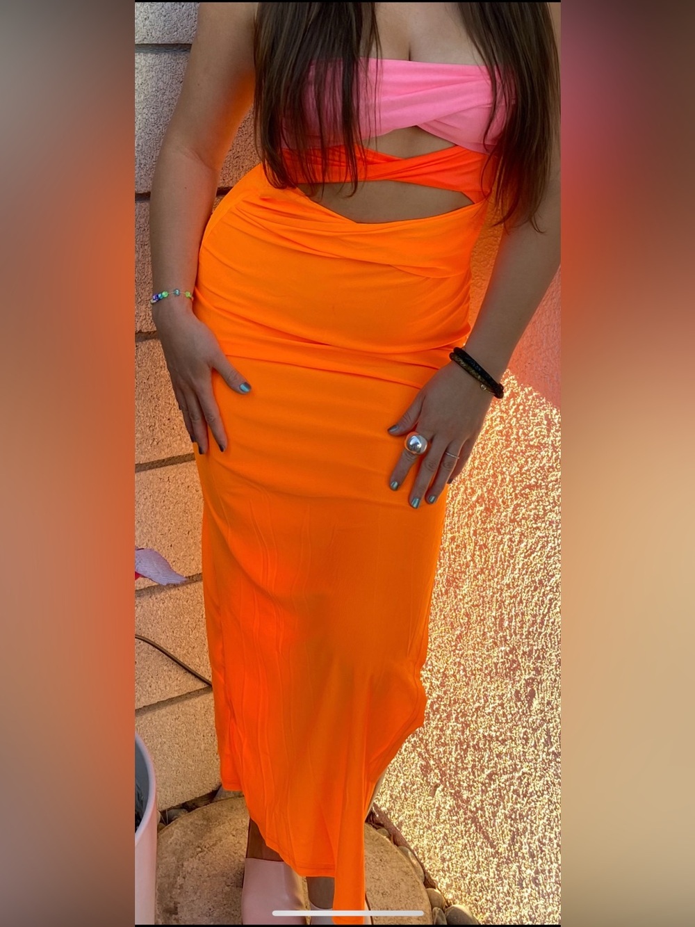 Amazon Strapless Pink and Orange Cutout Maxi Dress - Picture 4 of 5